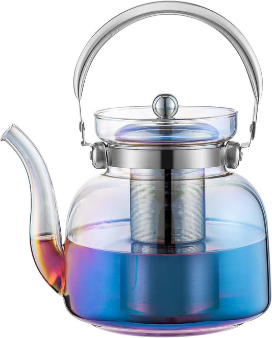 Avelena | 50 Oz(1500Ml) Glas Teekanne mit Deckel, abnehmbarer Edelstahl-Teesieb und Griff, herdgeeigneter Teebereiter für blühenden und losen Tee (irideszent)