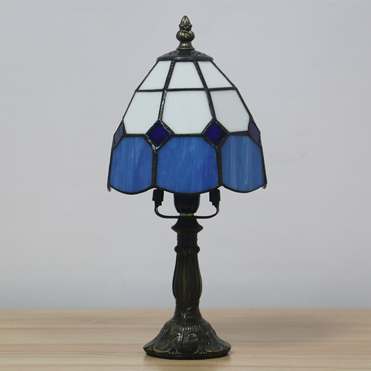 Avelena | Dome Nachttischlampe Mission Gemischtes Kunstglas 1 Kopf Beige/Gelb/Orange Kariert Muster Nachttischbeleuchtung für Schlafzimmer