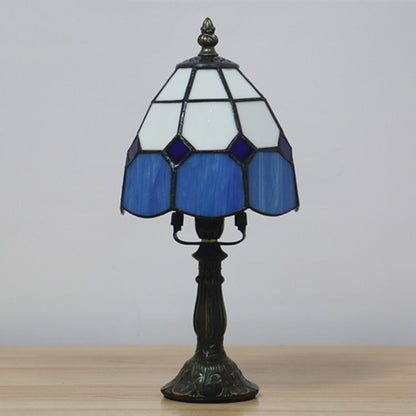 Avelena | Dome Nachttischlampe Mission Gemischtes Kunstglas 1 Kopf Beige/Gelb/Orange Kariert Muster Nachttischbeleuchtung für Schlafzimmer