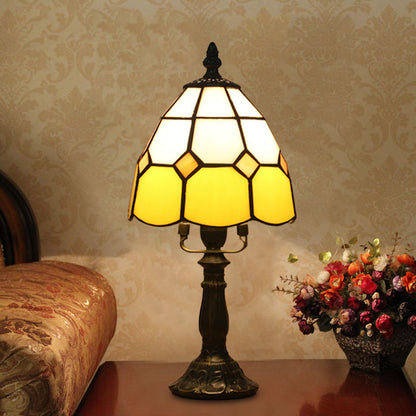 Avelena | Dome Nachttischlampe Mission Gemischtes Kunstglas 1 Kopf Beige/Gelb/Orange Kariert Muster Nachttischbeleuchtung für Schlafzimmer