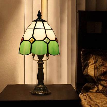 Avelena | Dome Nachttischlampe Mission Gemischtes Kunstglas 1 Kopf Beige/Gelb/Orange Kariert Muster Nachttischbeleuchtung für Schlafzimmer