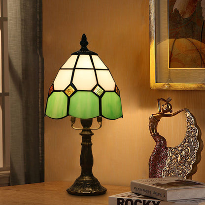 Avelena | Dome Nachttischlampe Mission Gemischtes Kunstglas 1 Kopf Beige/Gelb/Orange Kariert Muster Nachttischbeleuchtung für Schlafzimmer