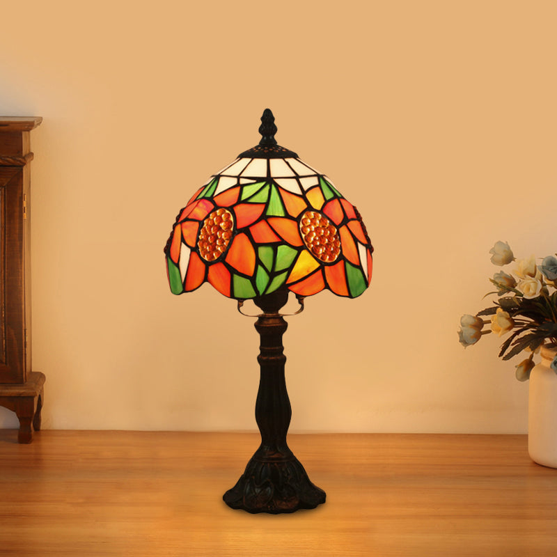 Avelena | 1 Licht Schlafzimmer Nachttisch Licht Mittelmeer Bronze Sonnenblumenmuster Nachtbeleuchtung mit Schale Farbglasschirm
