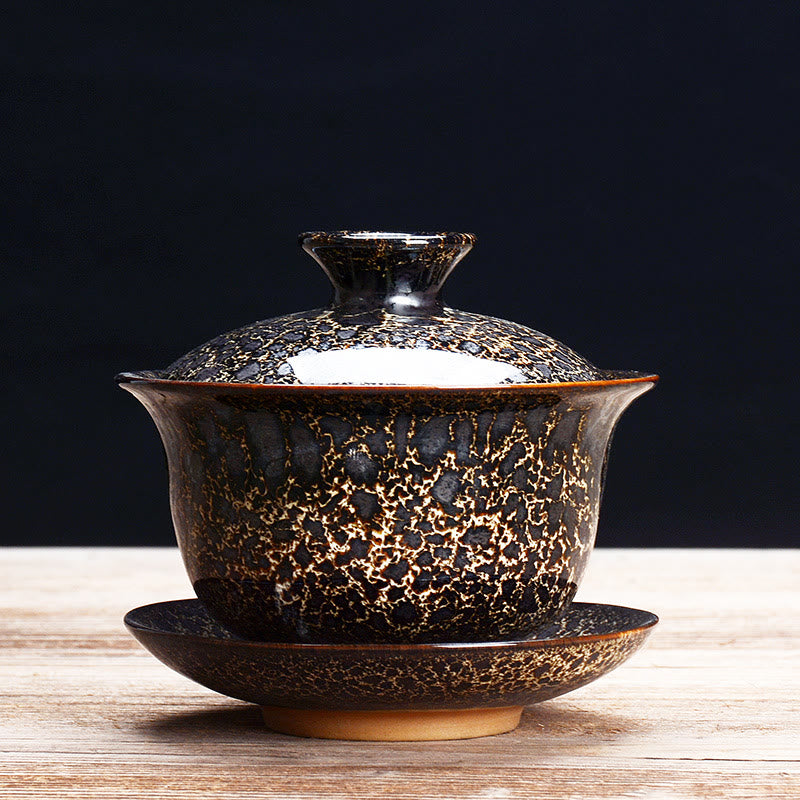 Avelena | Vintage Kiln Keramik Gaiwan Sancai Teetasse Teetasse und Untertasse mit Deckel