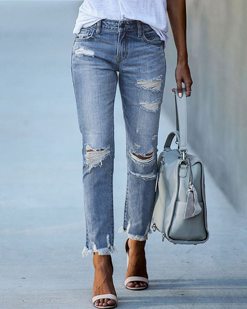 Avelena | Komfort Stretch Damen Slim-Fit Ripped Jeans Mit Fransenrändern