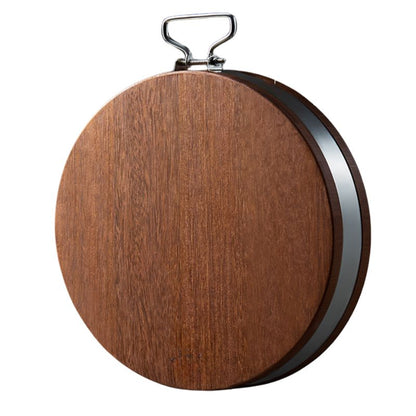 Kompaktes rundes Holzbrett mit Aufhänger und Edelstahlrahmen.