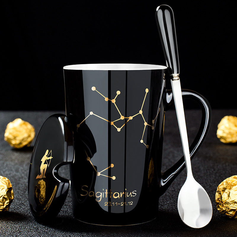 Avelena | 12 Tierkreiszeichen Schwarze Keramiktasse mit Deckel Löffel