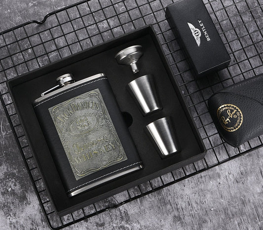Avelena | 8oz Whisky-Flasche aus Edelstahl Alkohol-Trichter Hüftflasche Bestickte Goldene Seidenstoff Verpackung Geschenk-Box Set