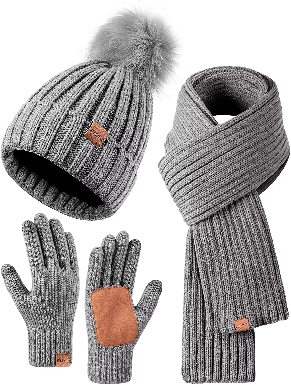 Avelena | Damen Mütze mit Pom Pom Lange Schal Nackenwärmer Touchscreen-Handschuhe 3 In 1 Set
