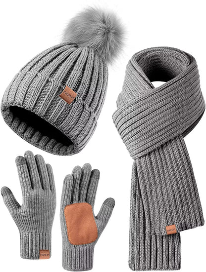 Avelena | Damen Mütze mit Pom Pom Lange Schal Nackenwärmer Touchscreen-Handschuhe 3 In 1 Set