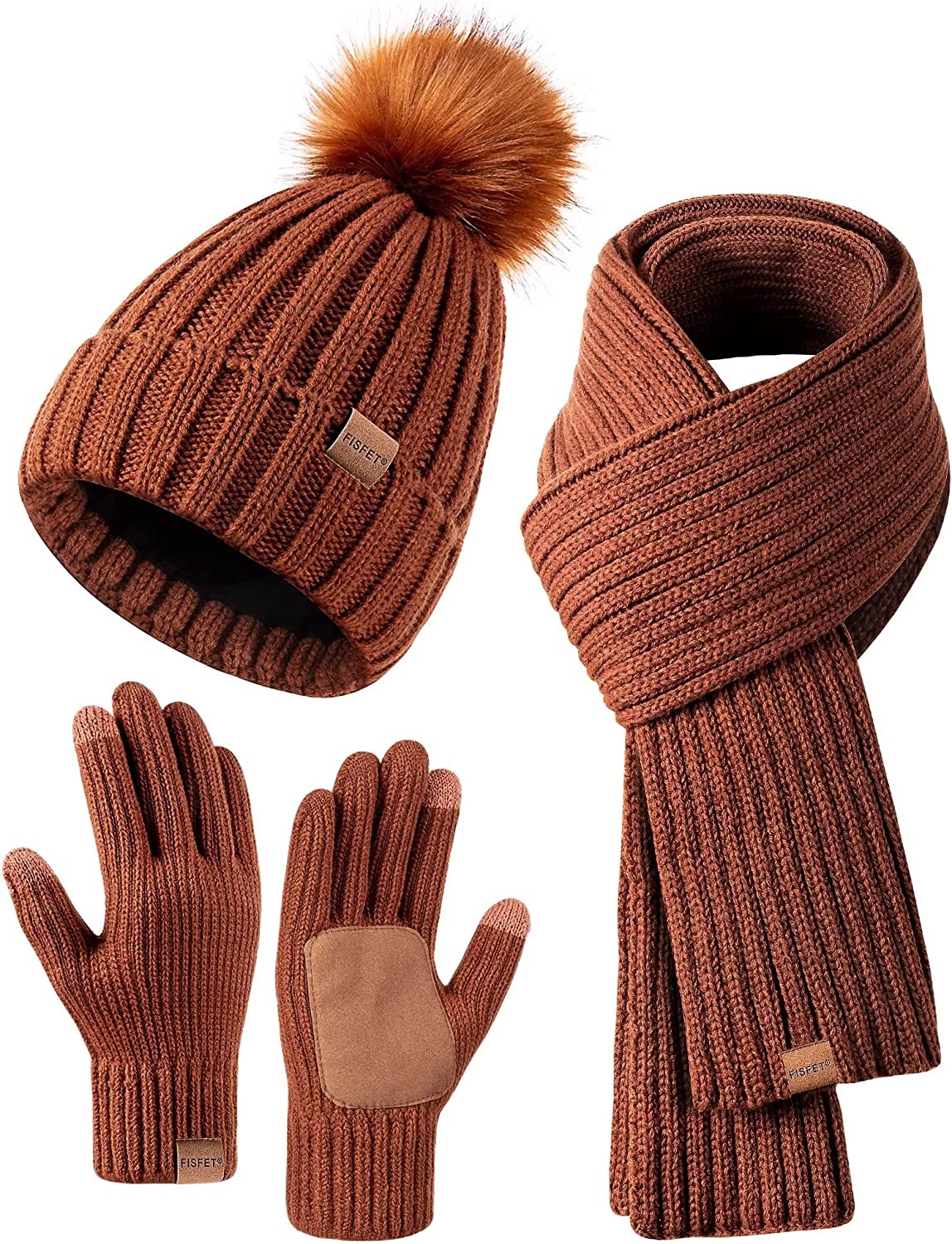 Avelena | Damen Mütze mit Pom Pom Lange Schal Nackenwärmer Touchscreen-Handschuhe 3 In 1 Set