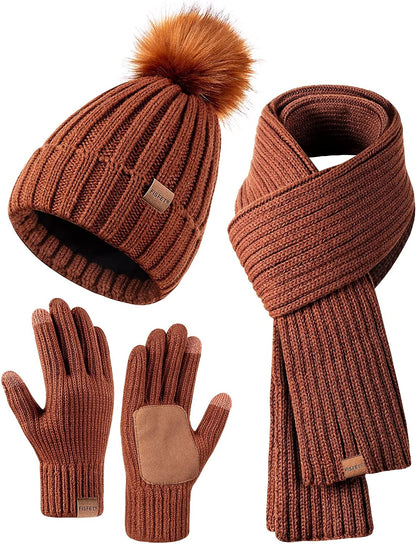 Avelena | Damen Mütze mit Pom Pom Lange Schal Nackenwärmer Touchscreen-Handschuhe 3 In 1 Set