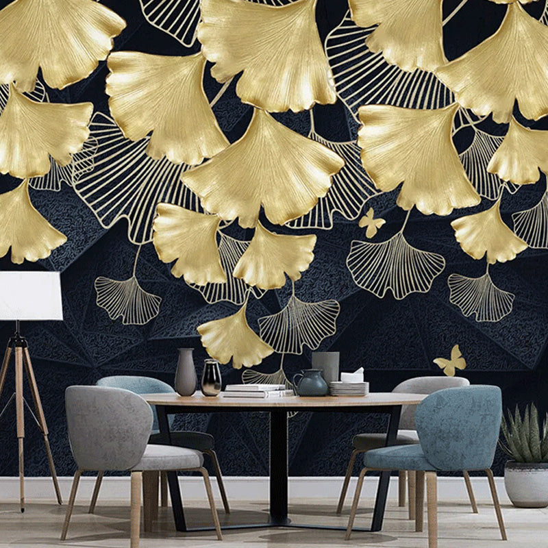 Avelena | Gold Ginkgo Wandverkleidung Fleckenresistentes Wandbild für Das Wohnzimmer