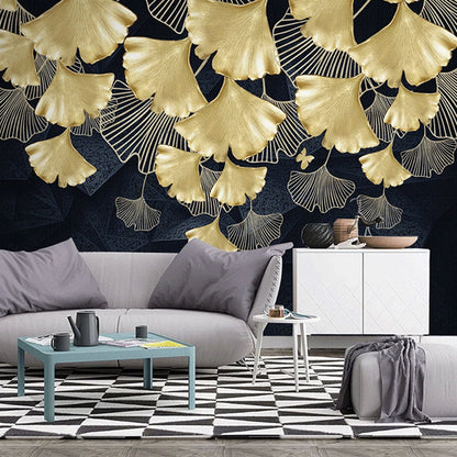 Avelena | Gold Ginkgo Wandverkleidung Fleckenresistentes Wandbild für Das Wohnzimmer