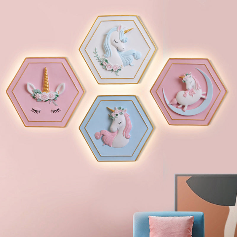 Avelena | Pink Unicorn Wandleuchte mit Hexagon-Design Cartoon Led Harz Zugkette Wandlampe