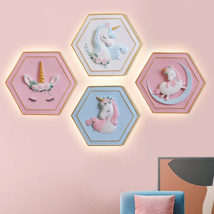 Avelena | Pink Unicorn Wandleuchte mit Hexagon-Design Cartoon Led Harz Zugkette Wandlampe