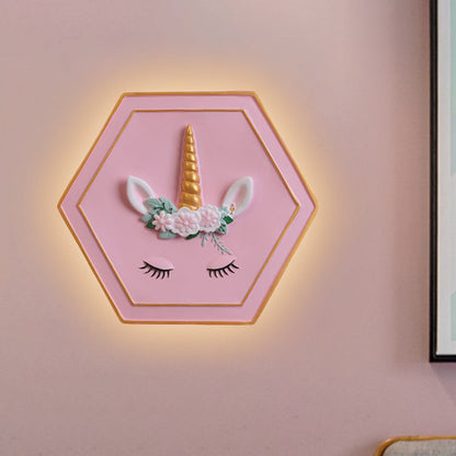 Avelena | Pink Unicorn Wandleuchte mit Hexagon-Design Cartoon Led Harz Zugkette Wandlampe