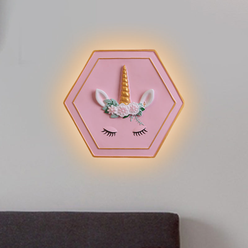 Avelena | Pink Unicorn Wandleuchte mit Hexagon-Design Cartoon Led Harz Zugkette Wandlampe