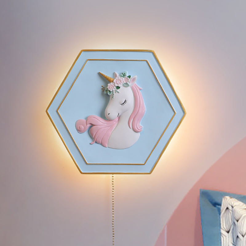 Avelena | Pink Unicorn Wandleuchte mit Hexagon-Design Cartoon Led Harz Zugkette Wandlampe