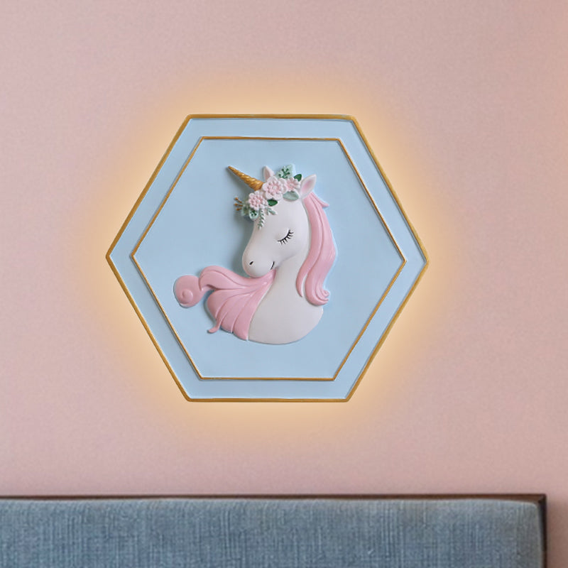 Avelena | Pink Unicorn Wandleuchte mit Hexagon-Design Cartoon Led Harz Zugkette Wandlampe