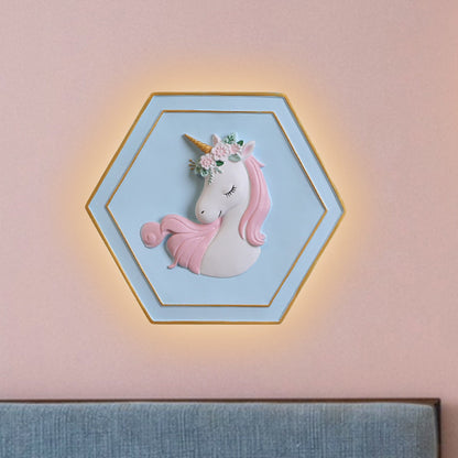 Avelena | Pink Unicorn Wandleuchte mit Hexagon-Design Cartoon Led Harz Zugkette Wandlampe