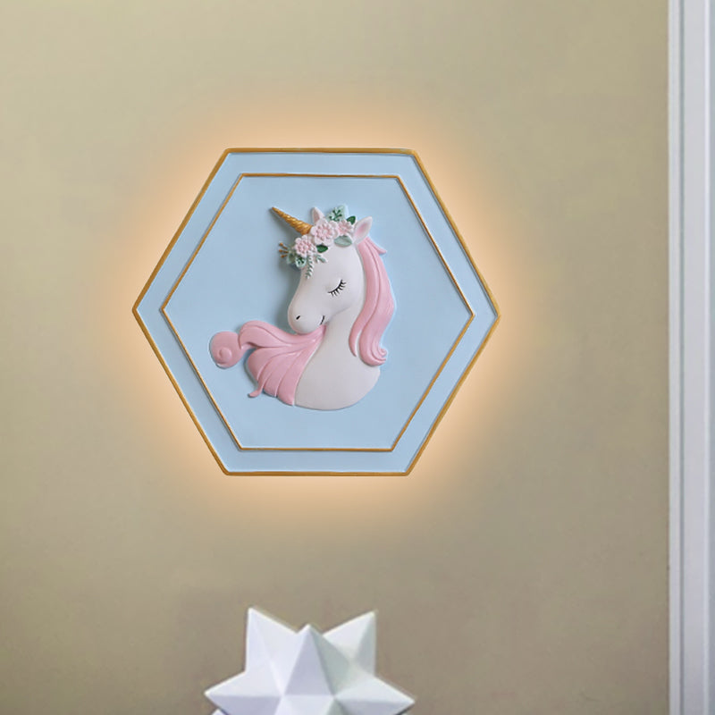 Avelena | Pink Unicorn Wandleuchte mit Hexagon-Design Cartoon Led Harz Zugkette Wandlampe