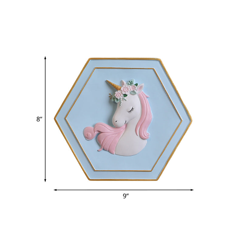Avelena | Pink Unicorn Wandleuchte mit Hexagon-Design Cartoon Led Harz Zugkette Wandlampe