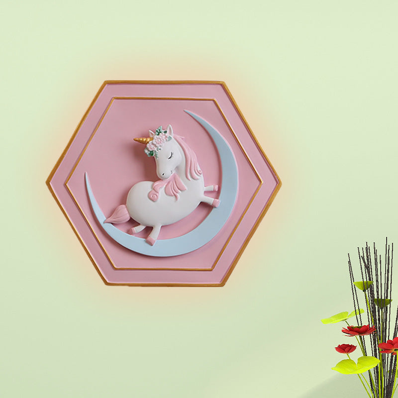 Avelena | Pink Unicorn Wandleuchte mit Hexagon-Design Cartoon Led Harz Zugkette Wandlampe