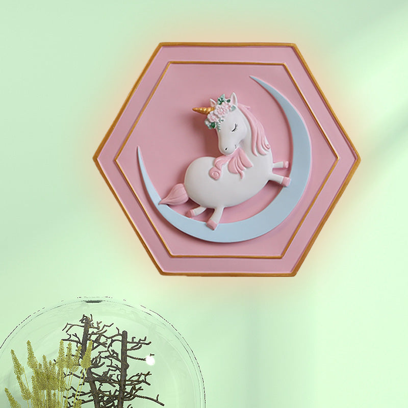 Avelena | Pink Unicorn Wandleuchte mit Hexagon-Design Cartoon Led Harz Zugkette Wandlampe