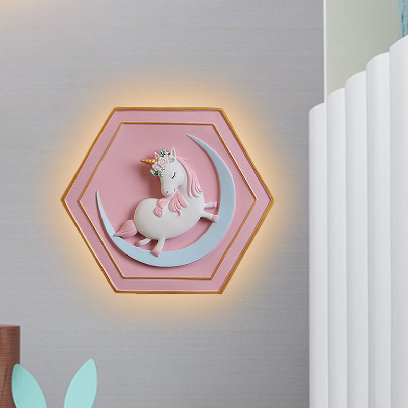 Avelena | Pink Unicorn Wandleuchte mit Hexagon-Design Cartoon Led Harz Zugkette Wandlampe