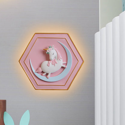 Avelena | Pink Unicorn Wandleuchte mit Hexagon-Design Cartoon Led Harz Zugkette Wandlampe