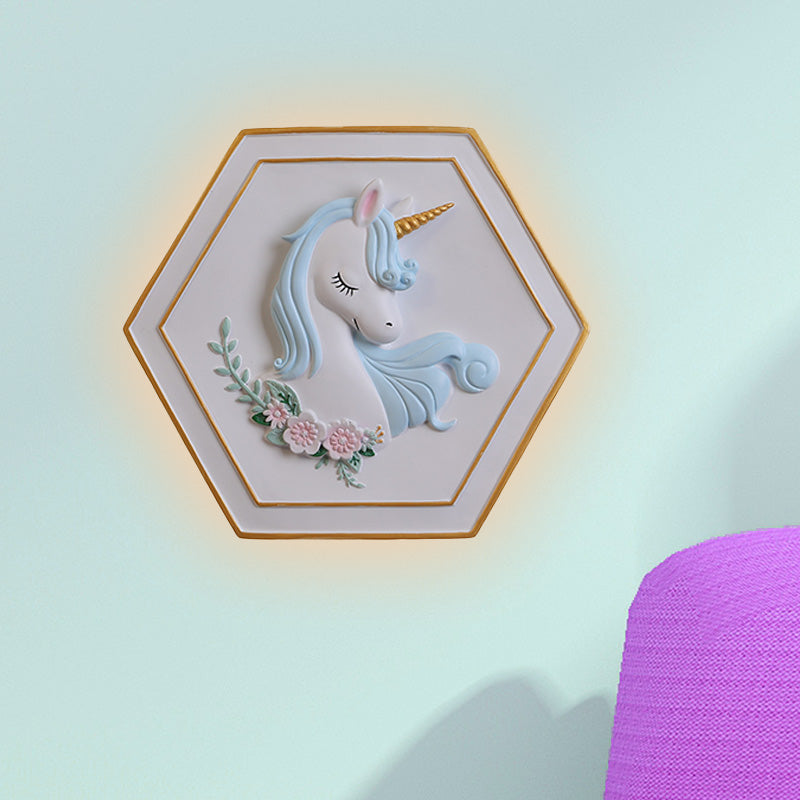 Avelena | Pink Unicorn Wandleuchte mit Hexagon-Design Cartoon Led Harz Zugkette Wandlampe