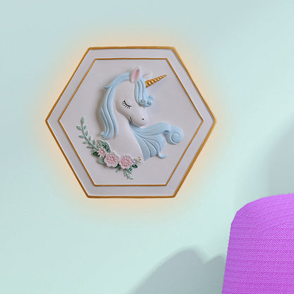 Avelena | Pink Unicorn Wandleuchte mit Hexagon-Design Cartoon Led Harz Zugkette Wandlampe