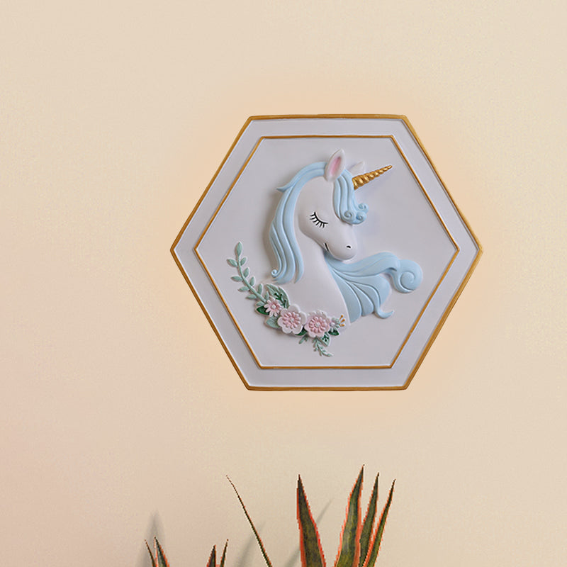 Avelena | Pink Unicorn Wandleuchte mit Hexagon-Design Cartoon Led Harz Zugkette Wandlampe