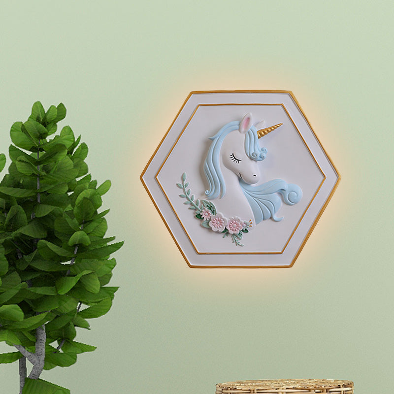 Avelena | Pink Unicorn Wandleuchte mit Hexagon-Design Cartoon Led Harz Zugkette Wandlampe