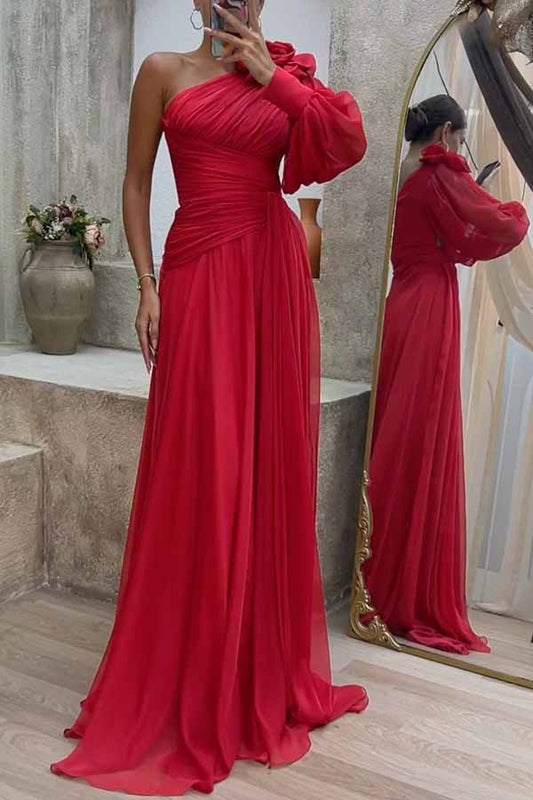 Avelena - Pleated maxi dress with one-sided sleeves