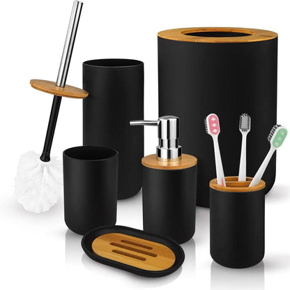 Avelena | 6-teiliges Badset - Seifenschale Zahnbürstenhalter Mundspülbecher Lotionflasche Mülleimer WC-Bürste - Praktisches WC-Set für Zuhause Wäschempfang, Schwarz