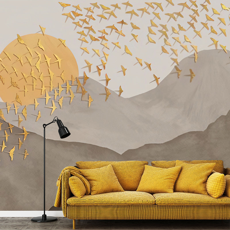 Avelena | Vollständige Traditionelle Wanddekoration Graue und Goldene Wildgans und Dämmerung Wandmural, Personalisierte Größe Verfügbar