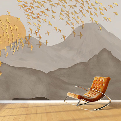 Avelena | Vollständige Traditionelle Wanddekoration Graue und Goldene Wildgans und Dämmerung Wandmural, Personalisierte Größe Verfügbar