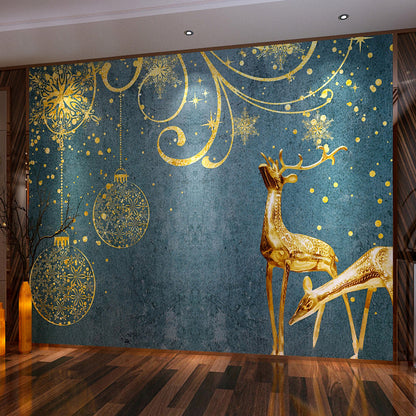 Avelena | Skandinavische Hirsch Wandkunst In Blau und Gold Akzent Wandmural Tapete, Maßgefertigt