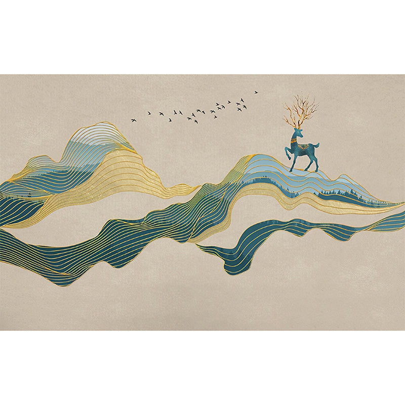 Avelena | Großer Hirsch und Wolken Wandbild für Die Wohnkultur Fliegender Vogel Wandkunst In Blau und Braun, Feuchtigkeitsbeständig