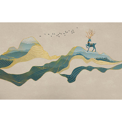 Avelena | Großer Hirsch und Wolken Wandbild für Die Wohnkultur Fliegender Vogel Wandkunst In Blau und Braun, Feuchtigkeitsbeständig