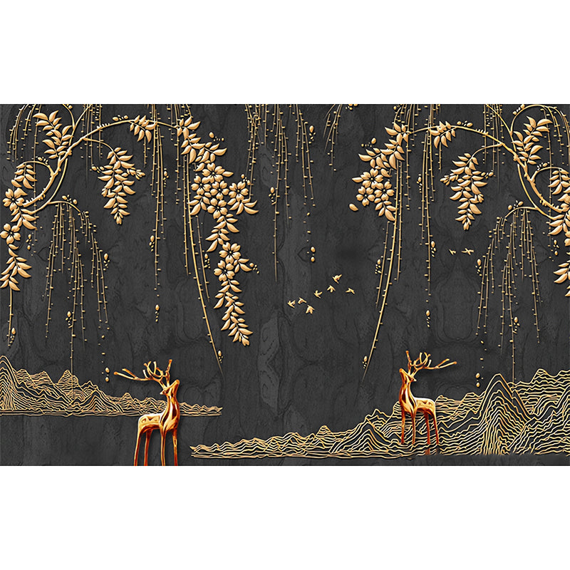 Avelena | Full Size Illustration Nostalgische Wandmalerei für Kommerzielle Nutzung mit Hirsch und Weide In Gold und Schwarz