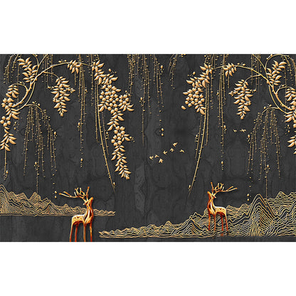 Avelena | Full Size Illustration Nostalgische Wandmalerei für Kommerzielle Nutzung mit Hirsch und Weide In Gold und Schwarz