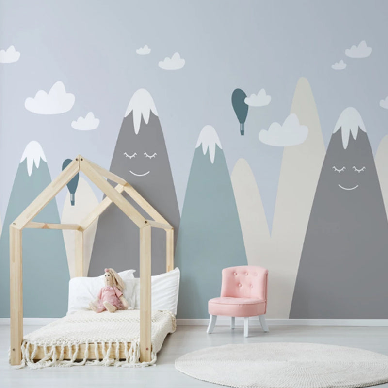 Avelena | Modernismus Berg und Ballon Wandbild In Grau Kinderzimmer Wandverkleidung, Personalisierte Größe Verfügbar