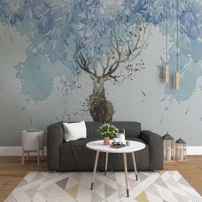 Avelena | Extra Large Minimalistische Wandtapete In Blau und Braun Hirsch Wandverkleidung, Maßanfertigung