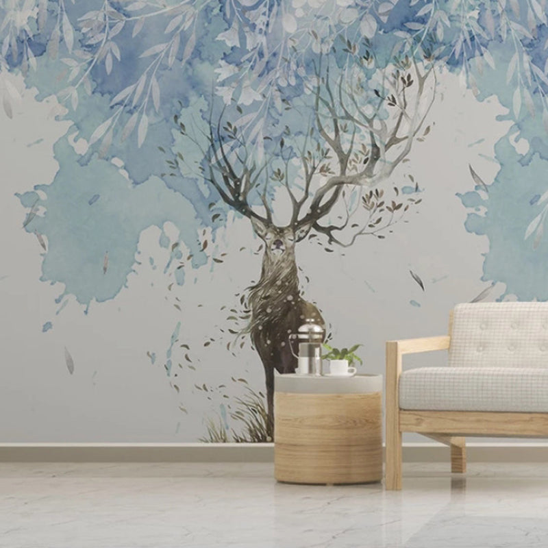 Avelena | Extra Large Minimalistische Wandtapete In Blau und Braun Hirsch Wandverkleidung, Maßanfertigung