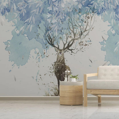 Avelena | Extra Large Minimalistische Wandtapete In Blau und Braun Hirsch Wandverkleidung, Maßanfertigung