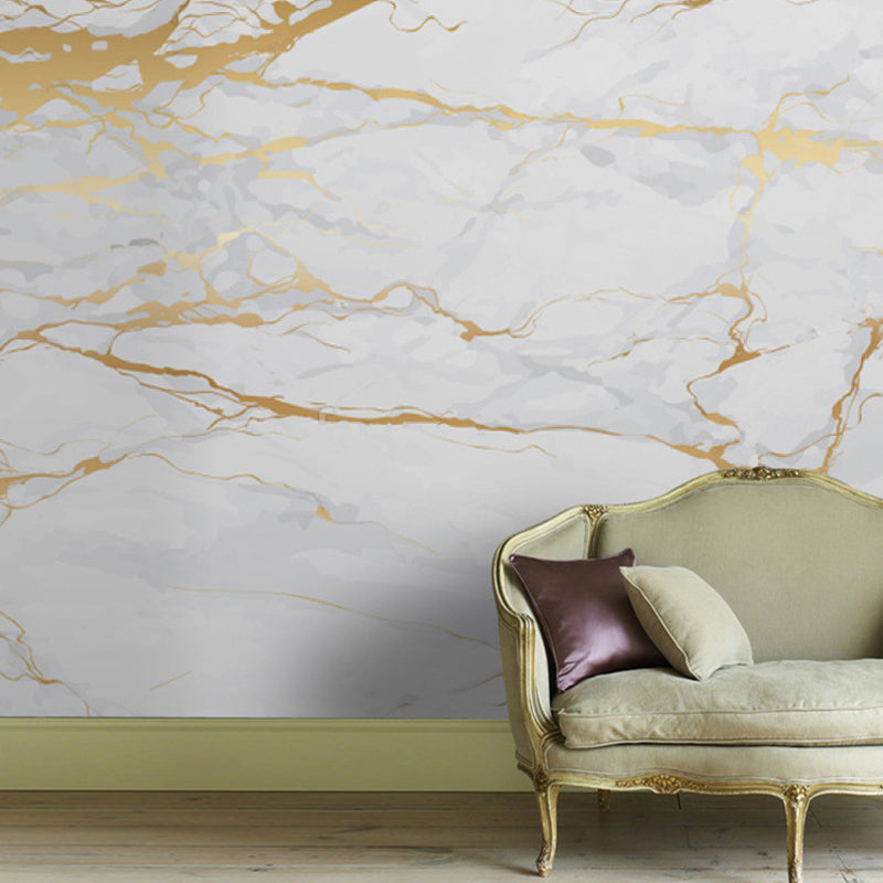 Avelena | Foto Stil Marmor Oberfläche Wandtapete für Esszimmer In Gold und Weiß, Maßanfertigung