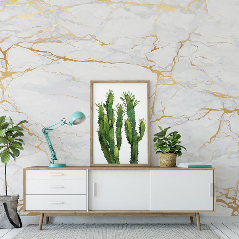 Avelena | Foto Stil Marmor Oberfläche Wandtapete für Esszimmer In Gold und Weiß, Maßanfertigung